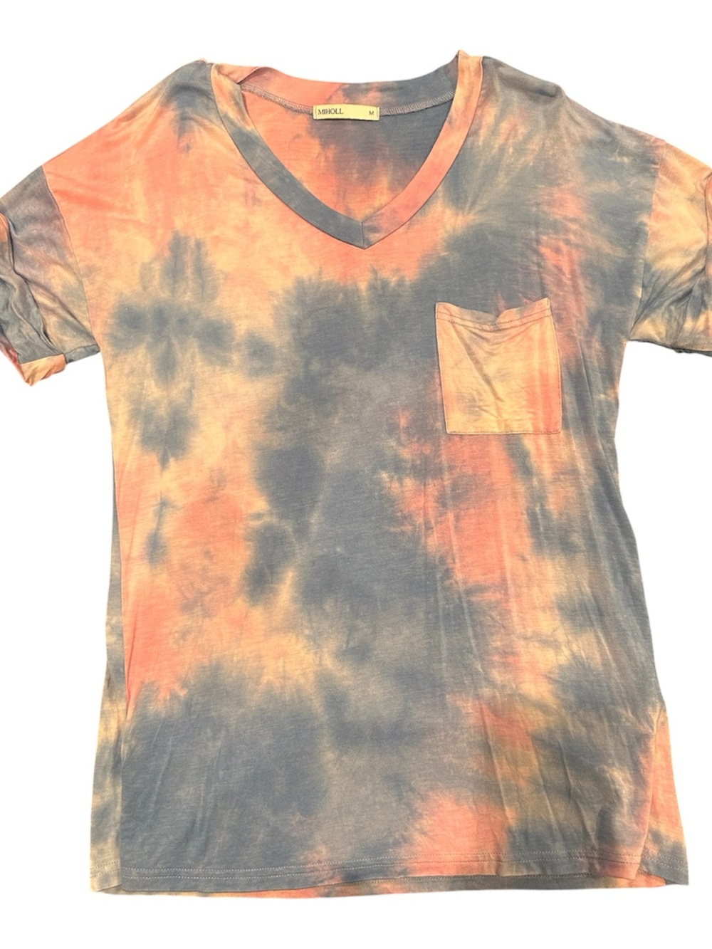 MIHOLL Tie-Dye V-Neck Tee in Pink & Blue